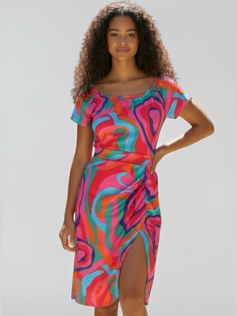 60’s Vibrant Abstract Retro Inspired Midi Dress with Left Side Slit